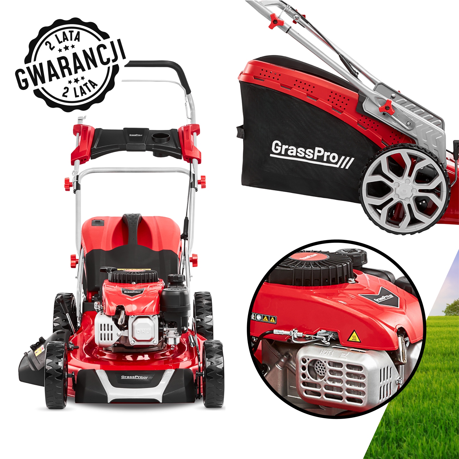 VÝKONNÁ BENZÍNOVÁ KOSAČKA NA TRÁVU MOTOR 212 CC 7,5 HP 51 CM MULČOVACÍ NÁDOBA 70 L + OLEJ